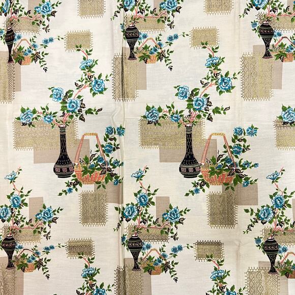 Vintage Mid Century NEW Pair Floral Toile Kitchen Cafe Curtains Scalloped Tabs - Picture 8 of 9